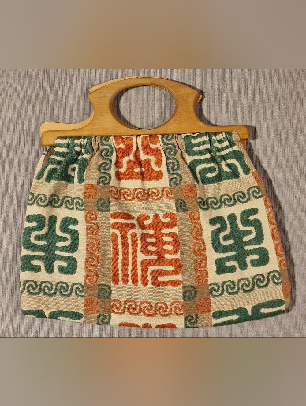 Vintage MCM Baribocraft Wooden Handle Geometric Fabric Bag in Green & Orange